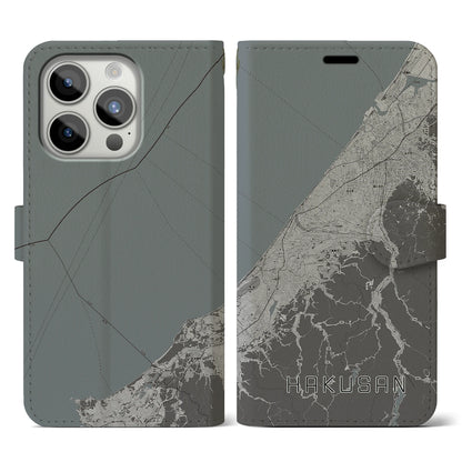 【白山（石川県）】地図柄iPhoneケース（手帳タイプ）モノトーン・iPhone 15 Pro 用