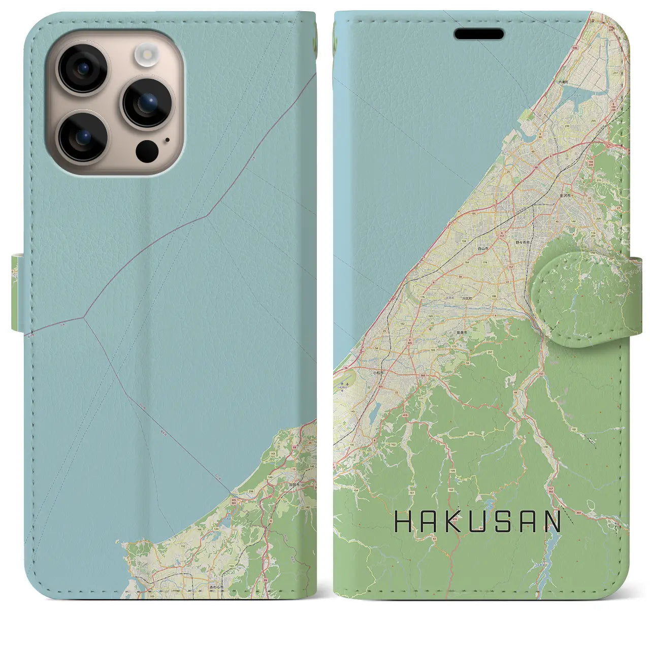 【白山（石川県）】地図柄iPhoneケース（手帳タイプ）ナチュラル・iPhone 16 Plus 用