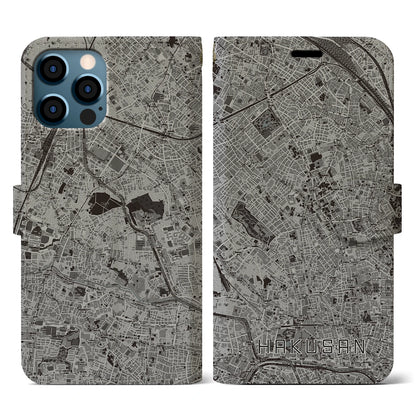 【白山（東京都）】地図柄iPhoneケース（手帳タイプ）モノトーン・iPhone 12 / 12 Pro 用