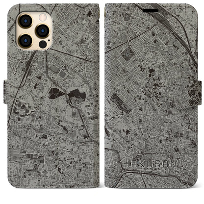 【白山（東京都）】地図柄iPhoneケース（手帳タイプ）モノトーン・iPhone 12 Pro Max 用