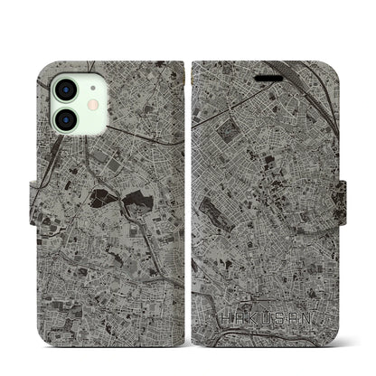 【白山（東京都）】地図柄iPhoneケース（手帳タイプ）モノトーン・iPhone 12 mini 用