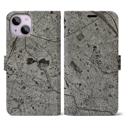 【白山（東京都）】地図柄iPhoneケース（手帳タイプ）モノトーン・iPhone 14 用