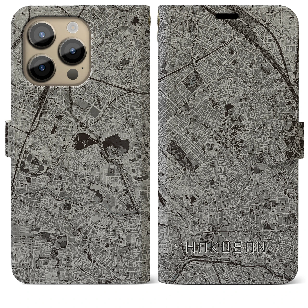 【白山】地図柄iPhoneケース（手帳両面タイプ・モノトーン）iPhone 14 Pro Max 用