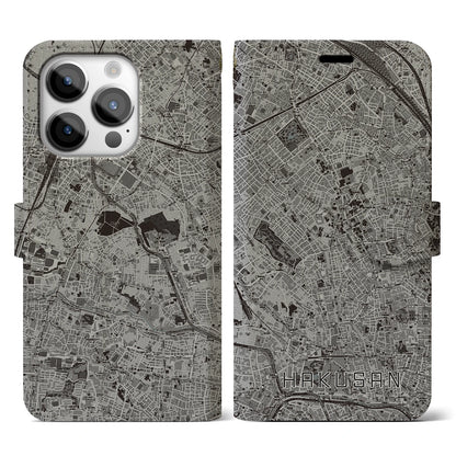 【白山（東京都）】地図柄iPhoneケース（手帳タイプ）モノトーン・iPhone 14 Pro 用