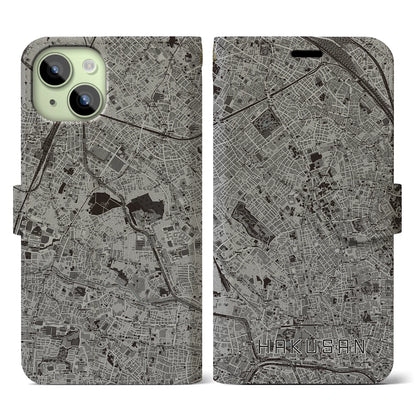 【白山（東京都）】地図柄iPhoneケース（手帳タイプ）モノトーン・iPhone 15 用