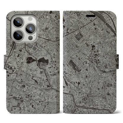 【白山（東京都）】地図柄iPhoneケース（手帳タイプ）モノトーン・iPhone 15 Pro 用