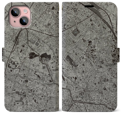 【白山（東京都）】地図柄iPhoneケース（手帳タイプ）モノトーン・iPhone 15 Plus 用