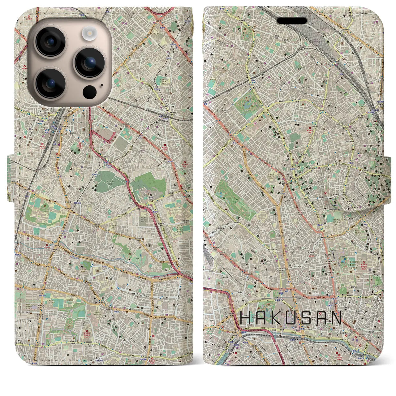 【白山（東京都）】地図柄iPhoneケース（手帳タイプ）ナチュラル・iPhone 16 Plus 用