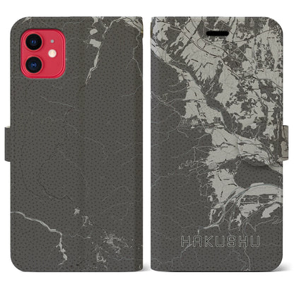 【白州（山梨県）】地図柄iPhoneケース（手帳タイプ）モノトーン・iPhone 11 用