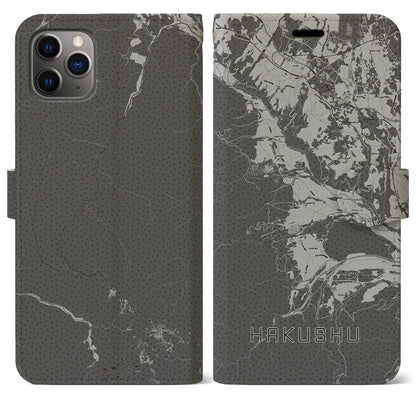 【白州（山梨県）】地図柄iPhoneケース（手帳タイプ）モノトーン・iPhone 11 Pro Max 用