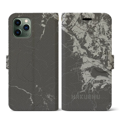 【白州（山梨県）】地図柄iPhoneケース（手帳タイプ）モノトーン・iPhone 11 Pro 用