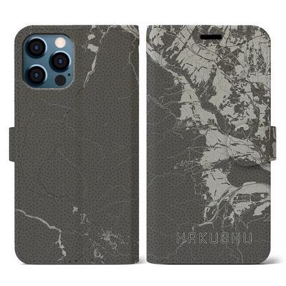 【白州（山梨県）】地図柄iPhoneケース（手帳タイプ）モノトーン・iPhone 12 / 12 Pro 用