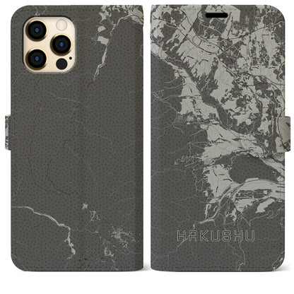 【白州（山梨県）】地図柄iPhoneケース（手帳タイプ）モノトーン・iPhone 12 Pro Max 用