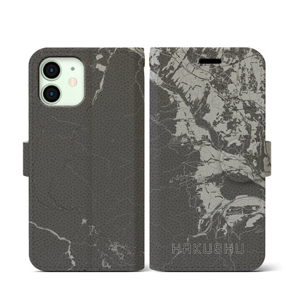 【白州（山梨県）】地図柄iPhoneケース（手帳タイプ）モノトーン・iPhone 12 mini 用