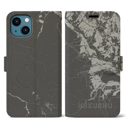 【白州（山梨県）】地図柄iPhoneケース（手帳タイプ）モノトーン・iPhone 13 用