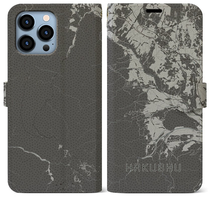 【白州（山梨県）】地図柄iPhoneケース（手帳タイプ）モノトーン・iPhone 13 Pro Max 用