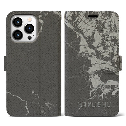 【白州（山梨県）】地図柄iPhoneケース（手帳タイプ）モノトーン・iPhone 13 Pro 用