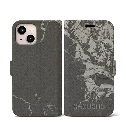 【白州（山梨県）】地図柄iPhoneケース（手帳タイプ）モノトーン・iPhone 13 mini 用