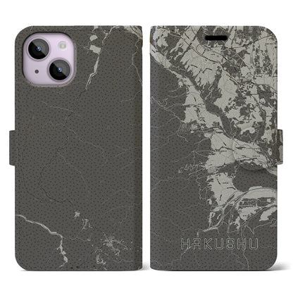 【白州（山梨県）】地図柄iPhoneケース（手帳タイプ）モノトーン・iPhone 14 用