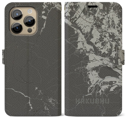 【白州（山梨県）】地図柄iPhoneケース（手帳タイプ）モノトーン・iPhone 14 Pro Max 用