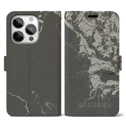 【白州（山梨県）】地図柄iPhoneケース（手帳タイプ）モノトーン・iPhone 14 Pro 用