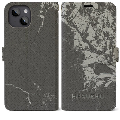 【白州（山梨県）】地図柄iPhoneケース（手帳タイプ）モノトーン・iPhone 14 Plus 用