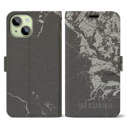 【白州（山梨県）】地図柄iPhoneケース（手帳タイプ）モノトーン・iPhone 15 用