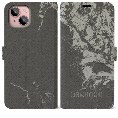 【白州（山梨県）】地図柄iPhoneケース（手帳タイプ）モノトーン・iPhone 15 Plus 用