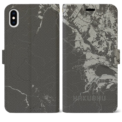 【白州（山梨県）】地図柄iPhoneケース（手帳タイプ）モノトーン・iPhone XS Max 用