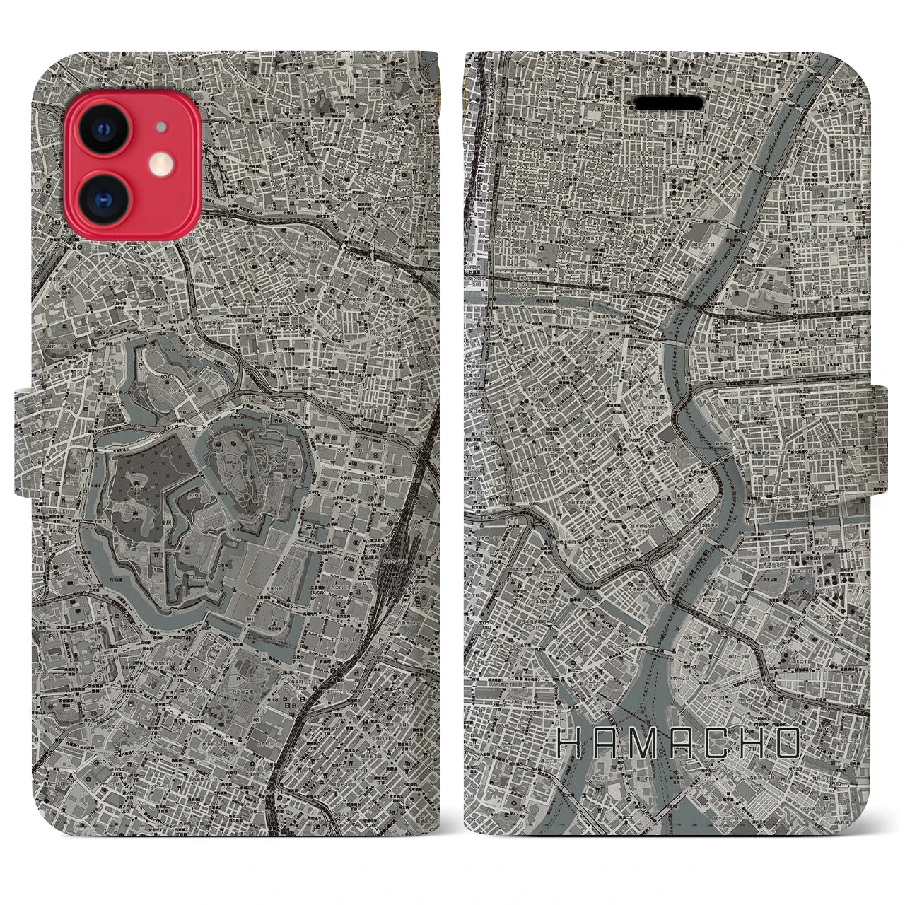 【浜町】地図柄iPhoneケース（手帳両面タイプ・モノトーン）iPhone 11 用