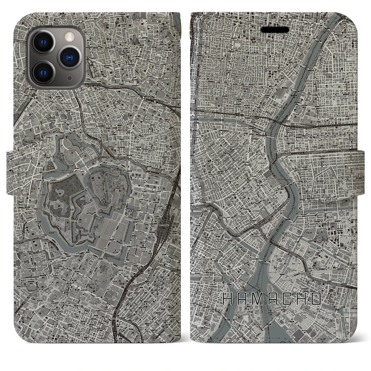 【浜町】地図柄iPhoneケース（手帳両面タイプ・モノトーン）iPhone 11 Pro Max 用