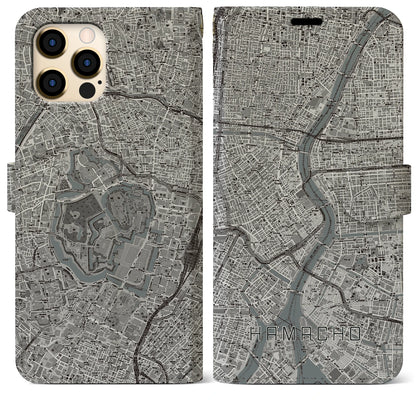 【浜町（東京都）】地図柄iPhoneケース（手帳タイプ）モノトーン・iPhone 12 Pro Max 用