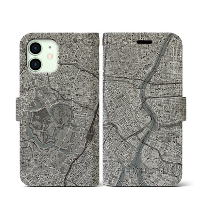 【浜町（東京都）】地図柄iPhoneケース（手帳タイプ）モノトーン・iPhone 12 mini 用