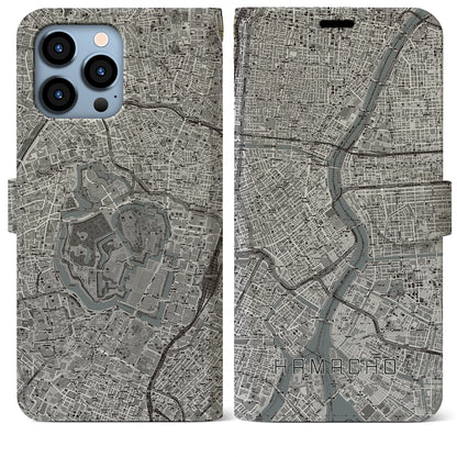 【浜町（東京都）】地図柄iPhoneケース（手帳タイプ）モノトーン・iPhone 13 Pro Max 用