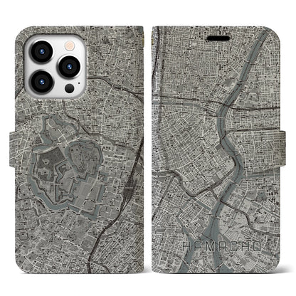 【浜町（東京都）】地図柄iPhoneケース（手帳タイプ）モノトーン・iPhone 13 Pro 用