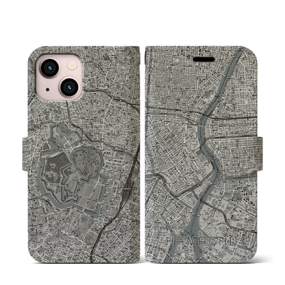 【浜町（東京都）】地図柄iPhoneケース（手帳タイプ）モノトーン・iPhone 13 mini 用