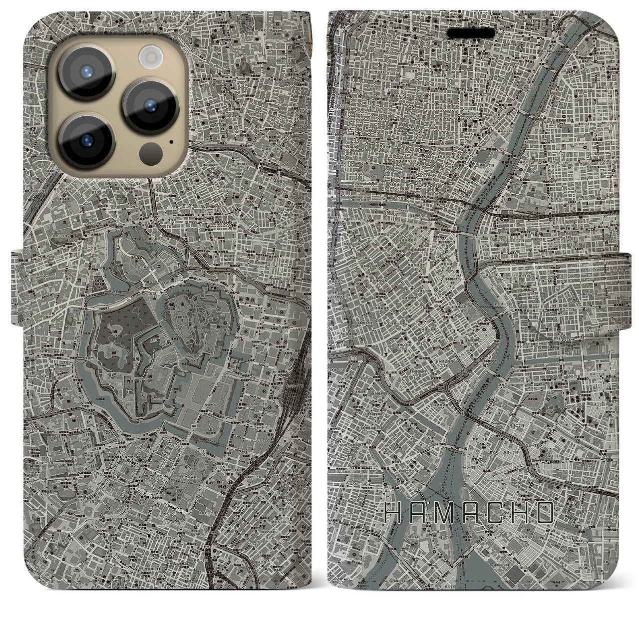【浜町】地図柄iPhoneケース（手帳両面タイプ・モノトーン）iPhone 14 Pro Max 用