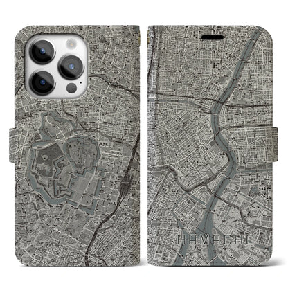 【浜町（東京都）】地図柄iPhoneケース（手帳タイプ）モノトーン・iPhone 14 Pro 用