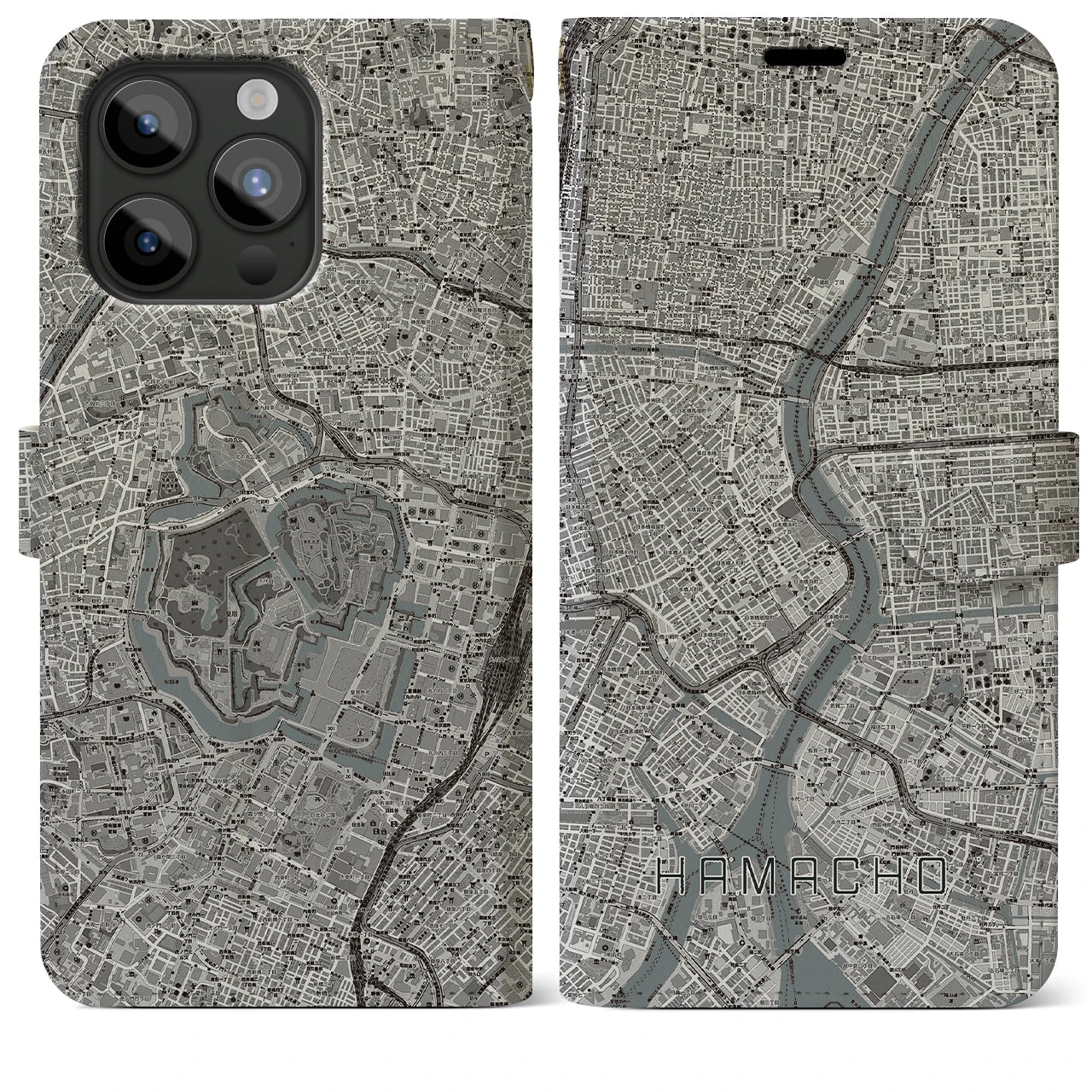 【浜町】地図柄iPhoneケース（手帳両面タイプ・モノトーン）iPhone 15 Pro Max 用