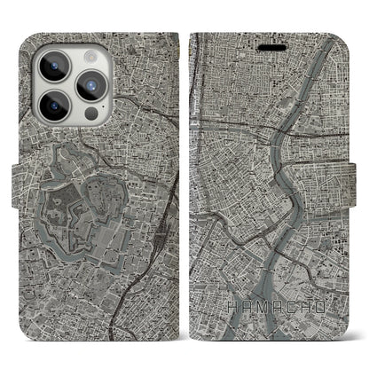 【浜町（東京都）】地図柄iPhoneケース（手帳タイプ）モノトーン・iPhone 15 Pro 用