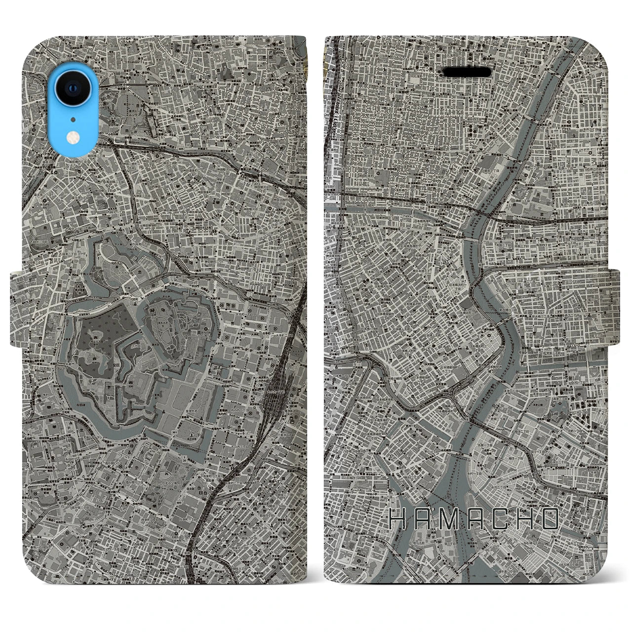 【浜町】地図柄iPhoneケース（手帳両面タイプ・モノトーン）iPhone XR 用