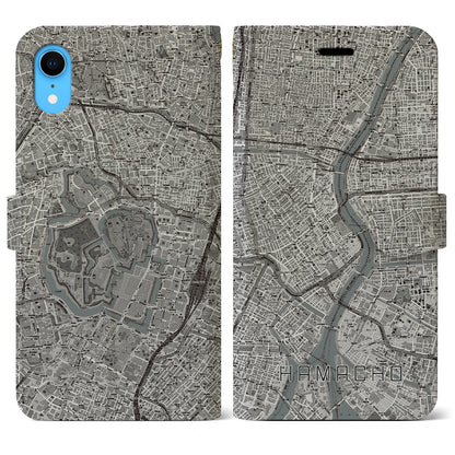 【浜町（東京都）】地図柄iPhoneケース（手帳タイプ）モノトーン・iPhone XR 用