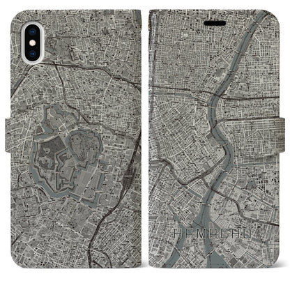 【浜町（東京都）】地図柄iPhoneケース（手帳タイプ）モノトーン・iPhone XS Max 用