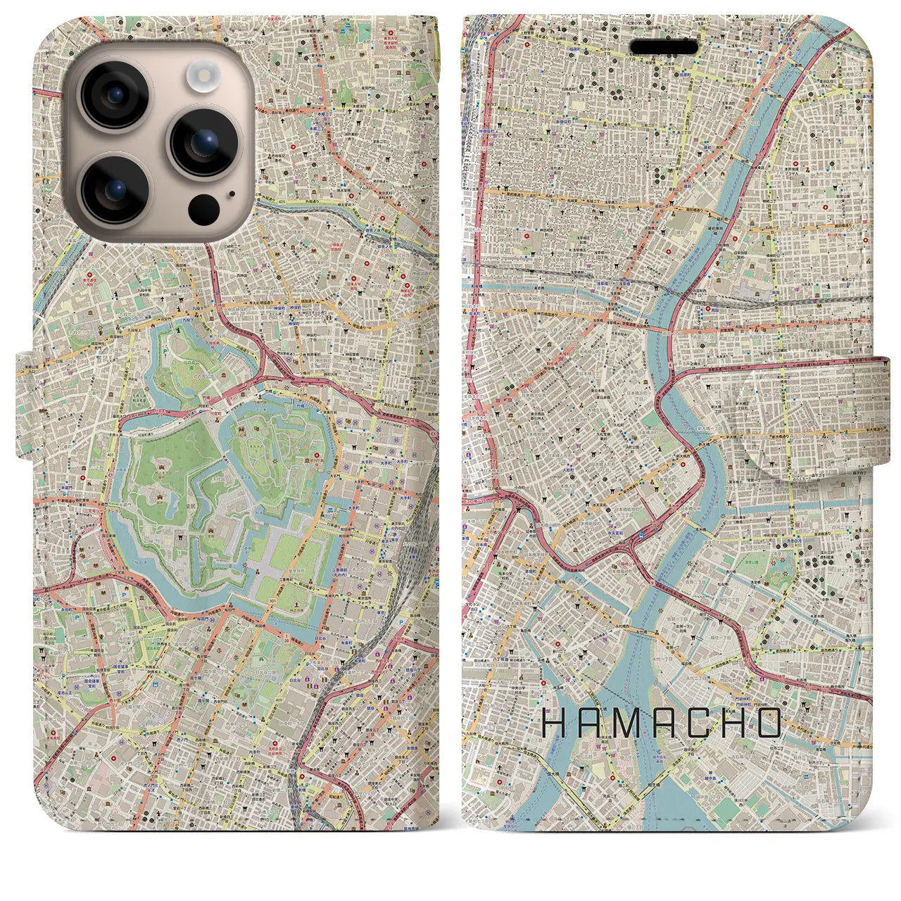 【浜町（東京都）】地図柄iPhoneケース（手帳タイプ）ナチュラル・iPhone 16 Plus 用