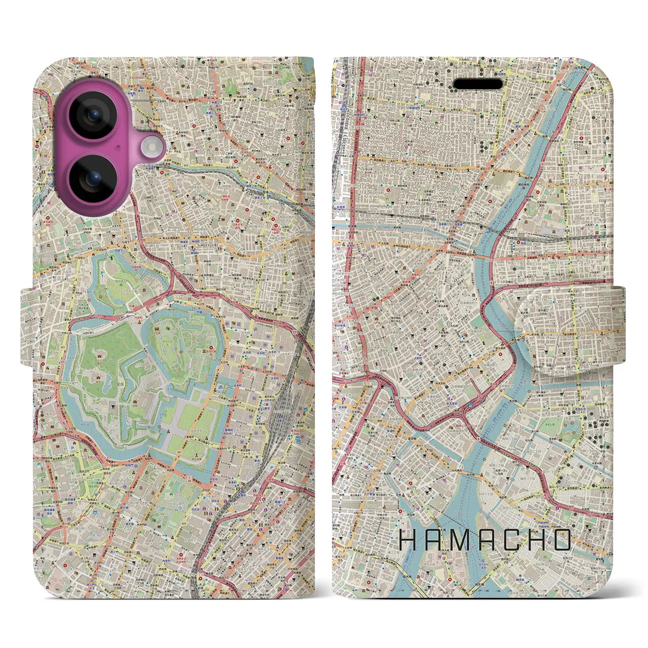 【浜町（東京都）】地図柄iPhoneケース（手帳タイプ）ナチュラル・iPhone 16 Pro 用