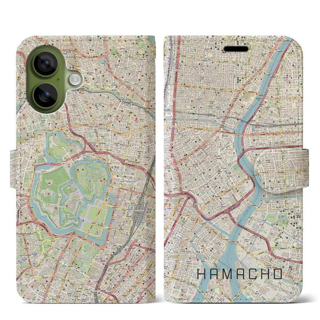【浜町（東京都）】地図柄iPhoneケース（手帳タイプ）モノトーン・iPhone 17 Pro Max 用
