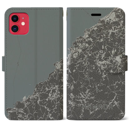【浜田（島根県）】地図柄iPhoneケース（手帳タイプ）モノトーン・iPhone 11 用