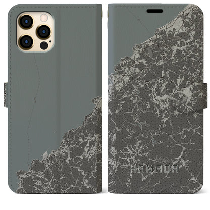 【浜田（島根県）】地図柄iPhoneケース（手帳タイプ）モノトーン・iPhone 12 Pro Max 用