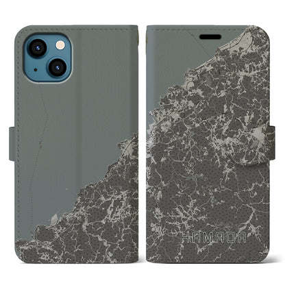 【浜田（島根県）】地図柄iPhoneケース（手帳タイプ）モノトーン・iPhone 13 用