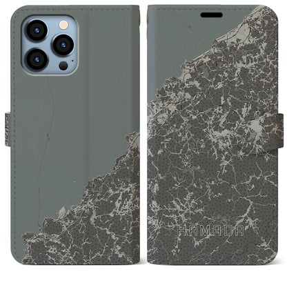 【浜田（島根県）】地図柄iPhoneケース（手帳タイプ）モノトーン・iPhone 13 Pro Max 用